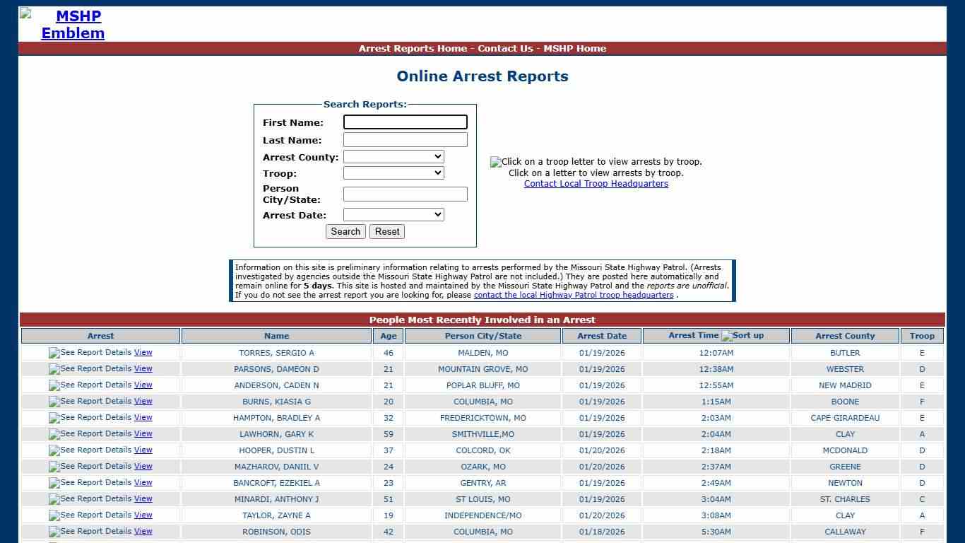 Missouri State Highway Patrol - Arrest Reports