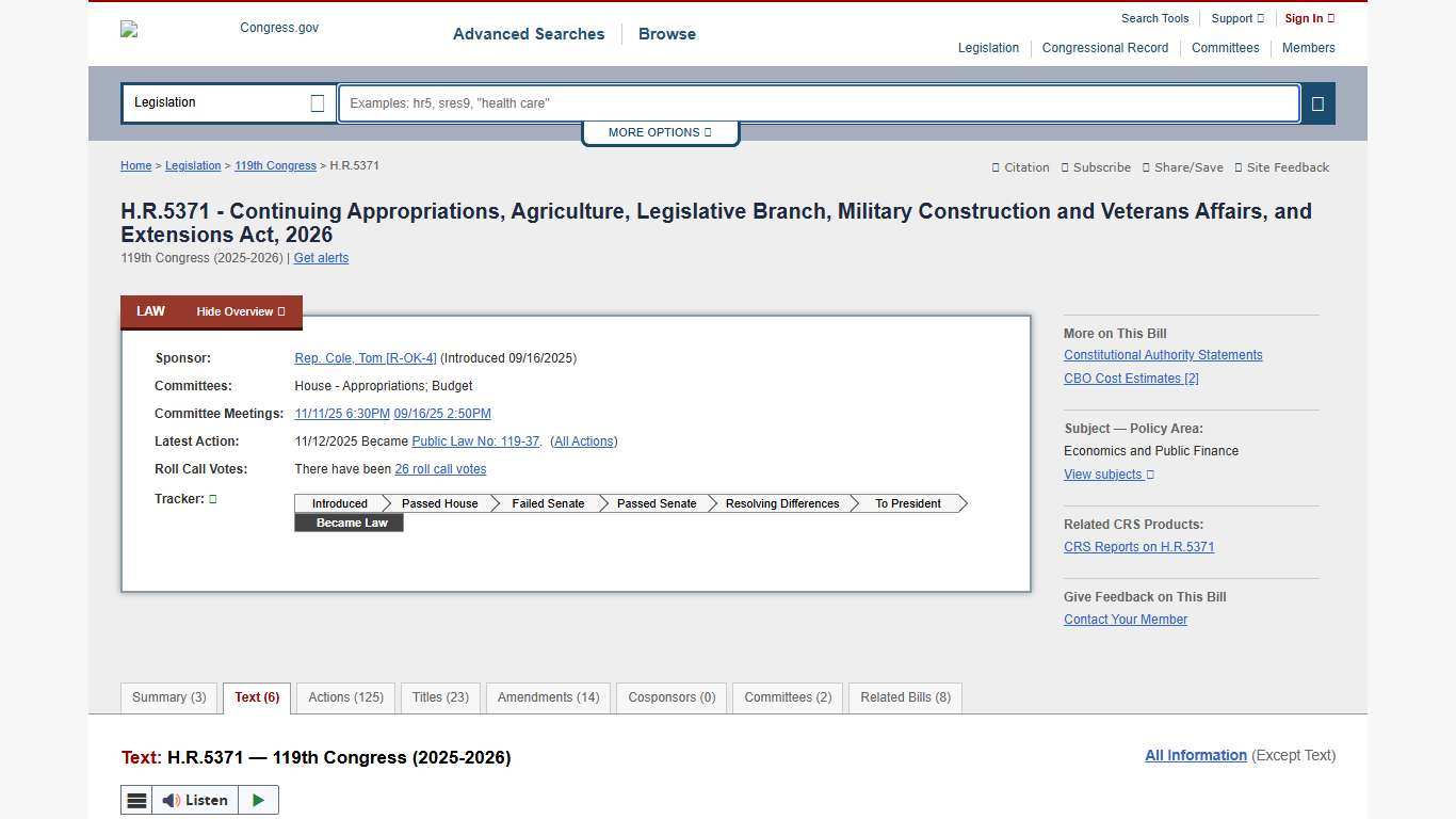 Text - H.R.5371 - 119th Congress (2025-2026): Continuing Appropriations, Agriculture, Legislative Branch, Military Construction and Veterans Affairs, and Extensions Act, 2026 | Congress.gov | Library of Congress
